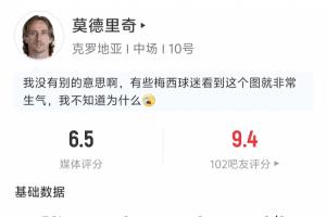 莫德里奇半场表现：传球17次，成功率82.4%，解围1次，抢断1次，夺回球权2次