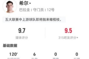 巴拉圭门将希尔此役6次扑救，长传43次成功10次，制造3次犯规，全场最高9.7分
