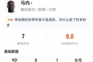 马内此役无射门1助 5次关键传球 3次抢断 16次对抗成功10次失败+16次失球权